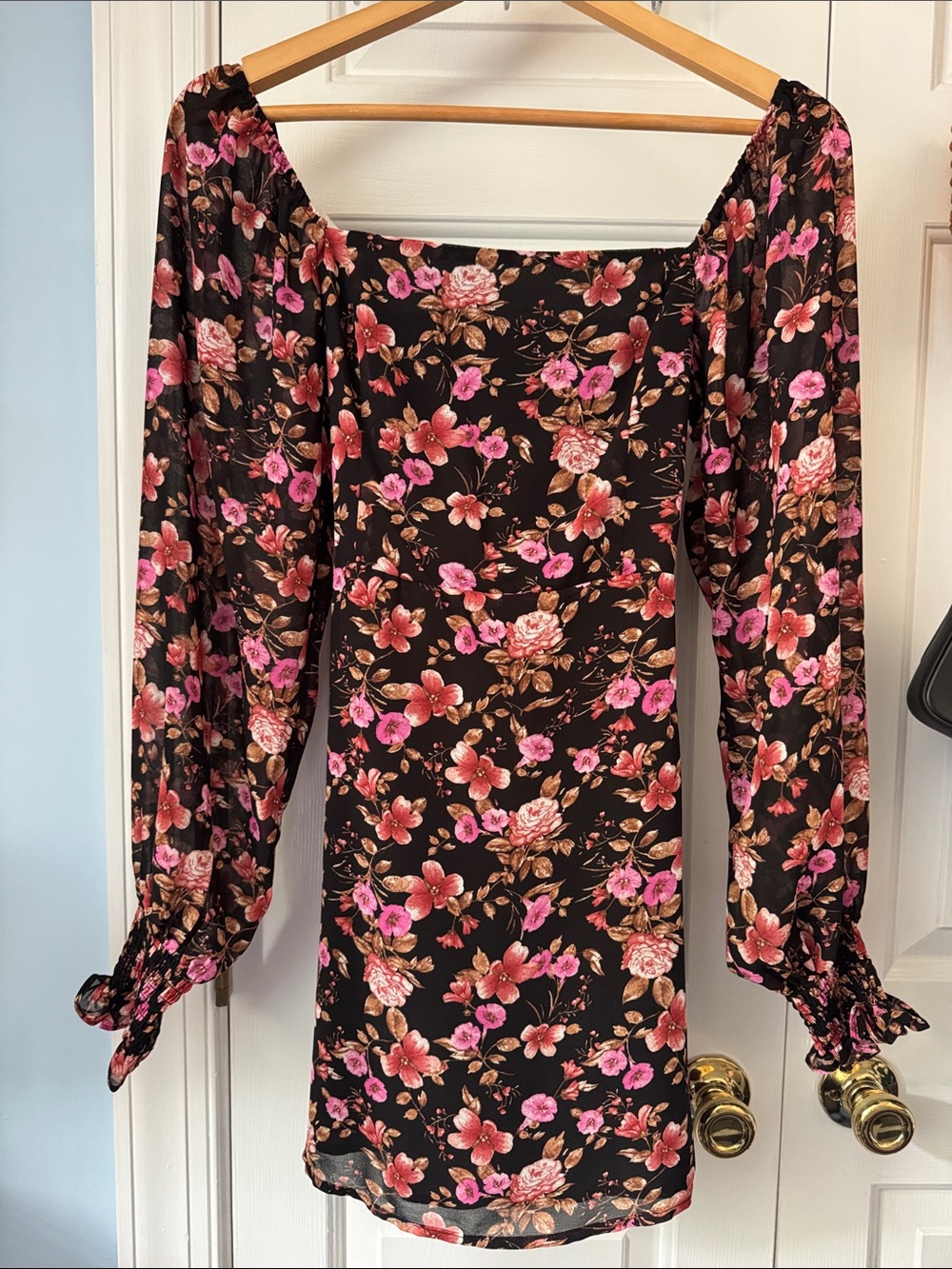 Forever 21 Black Floral Square-Neck Mini Dress with Pink & Brown Flowers